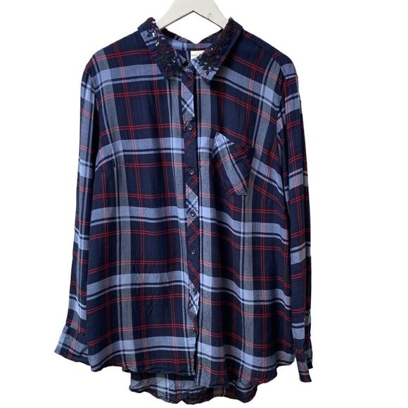 TERRA & SKY Boyfriend Shirt Size 1X Blue Plaid Rayon Button up Embroidered Colla - Picture 6 of 10